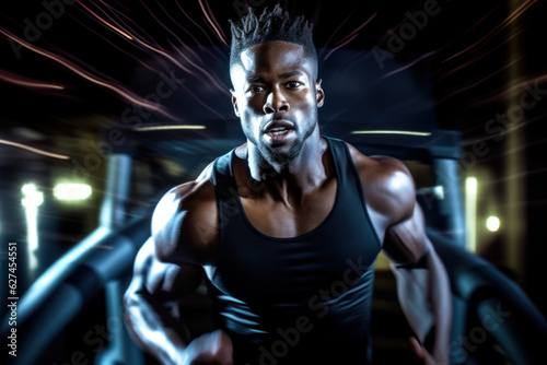 Powerful portrait of afro american athletic man in sportswear working out and running on treadmill © aboutmomentsimages