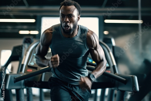 Powerful portrait of afro american athletic man in sportswear working out and running on treadmill