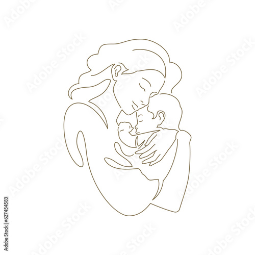 Happy young mother hugging little son contoured silhouette continuous line art style logo vector