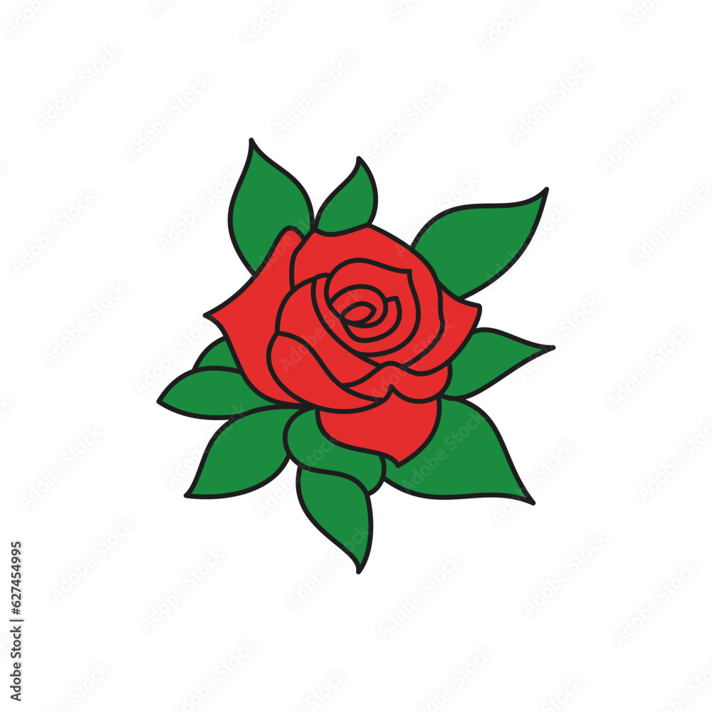 Red rose flower with green lush leaves blossom plant contoured icon for t shirt print vector - obrazy, fototapety, plakaty 