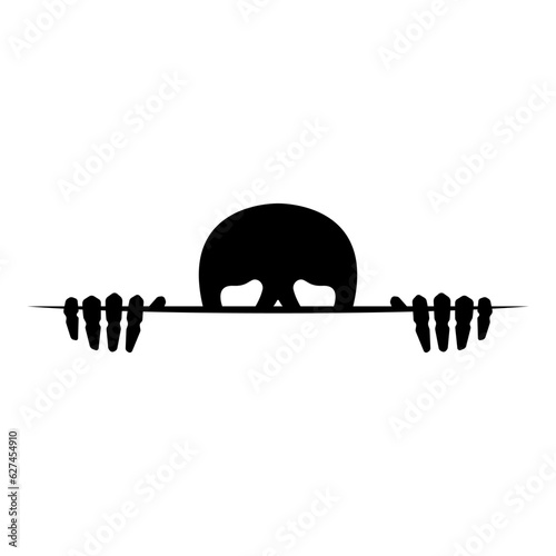 Skull and hands icon. Black silhouette. Horizontal front view. Vector simple flat graphic illustration. Isolated object on a white background. Isolate.