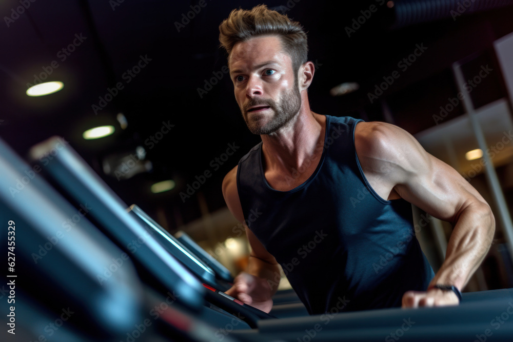 creative portrait of Sexy muscular athletic man in sportswear working out and running on treadmill creative portrait of Sexy muscular athletic man in sportswear working out and running on treadmill