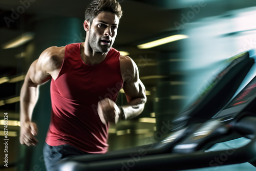 creative portrait of Sexy muscular athletic man in sportswear working out and running on treadmill © aboutmomentsimages