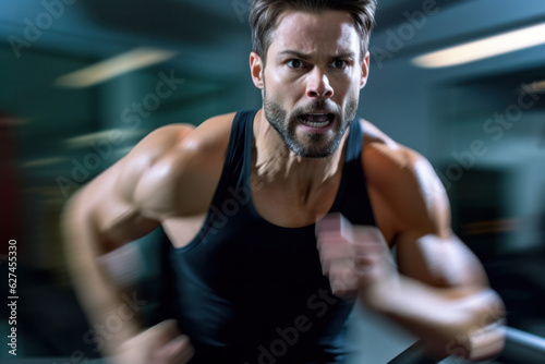 creative portrait of Sexy muscular athletic man in sportswear working out and running on treadmill