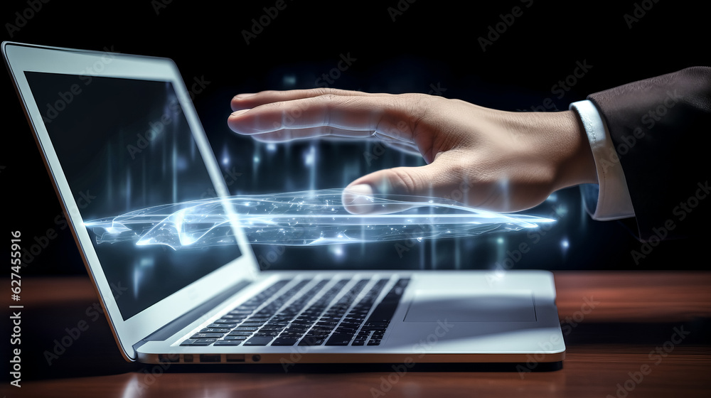 He interacts with a virtual screen through a hand gesture. He interacts with a virtual screen through a hand gesture.