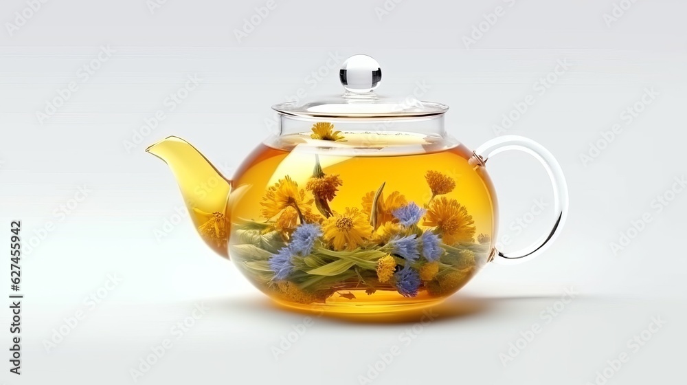 Illustration of a glass tea pot filled with vibrant yellow flowers Illustration of a glass tea pot filled with vibrant yellow flowers