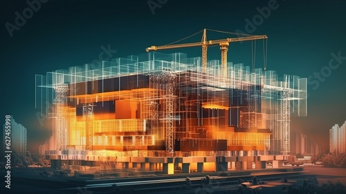 Illustration of a construction site with crane in action photo