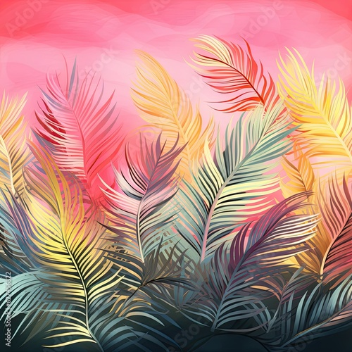 Abstract palm leaves mural interior wallpaper. Pink and orange leaves .