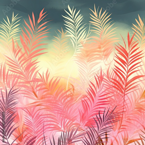 Abstract palm leaves mural interior wallpaper. Pink and orange leaves .