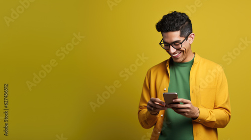 Smiling young man using a cell phone on a yellow background. © MP Studio