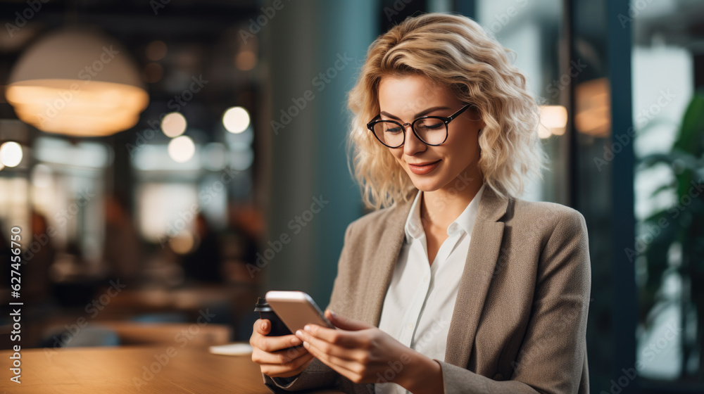 Businesswoman in a cafe works on her phone during a break. Created with Generative AI technology.