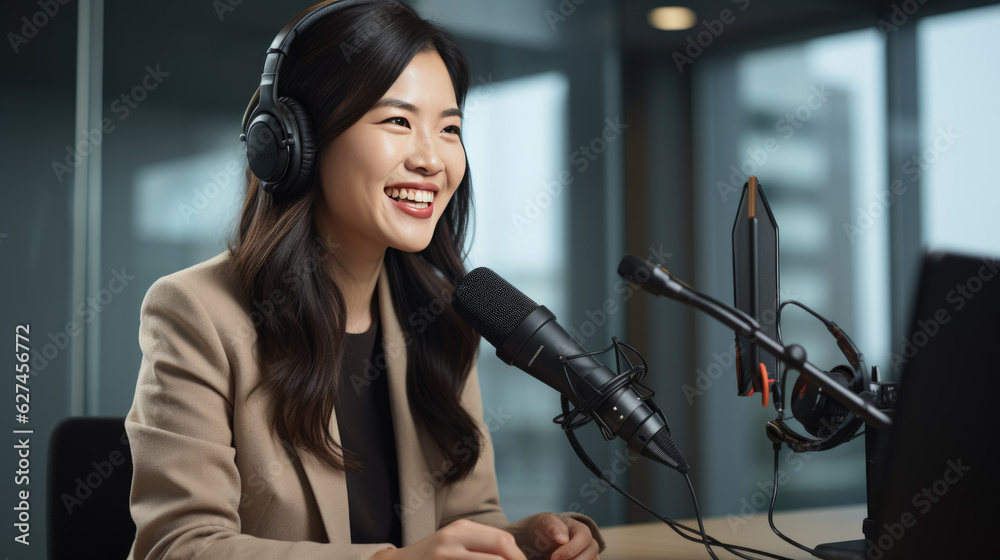 Woman records a podcast in office. Woman records a podcast in office.