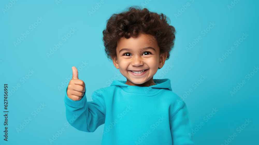 Boy wearing casual clothes standing over isolated blue background doing happy thumbs up gesture with hand. Boy wearing casual clothes standing over isolated blue background doing happy thumbs up gesture with hand.