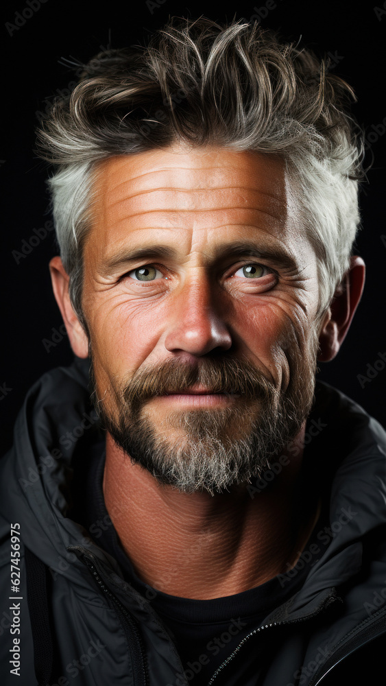 Portrait of middle aged man on the solid black background. In this portrait, an LGBTQ+ person's eyes sparkle with resilience, a testament to their journey. Portrait of middle aged man on the solid black background. In this portrait, an LGBTQ+ person's eyes sparkle with resilience, a testament to their journey.