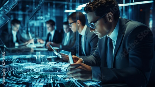 A team of cybersecurity professionals using AI algorithms and advanced analytics to detect and prevent financial fraud, with visuals like a magnifying glass or digital security elements © Orange Images
