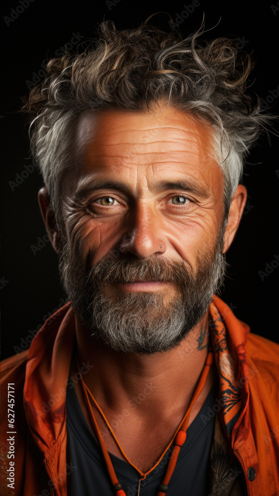 Portrait of middle aged man on the solid black background. The image portrays an LGBTQ+ person's self-love, inspiring others to embrace their true selves.