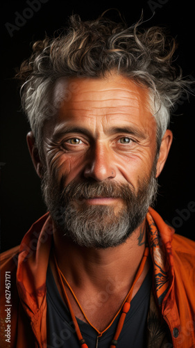 Portrait of middle aged man on the solid black background. The image portrays an LGBTQ+ person's self-love, inspiring others to embrace their true selves.