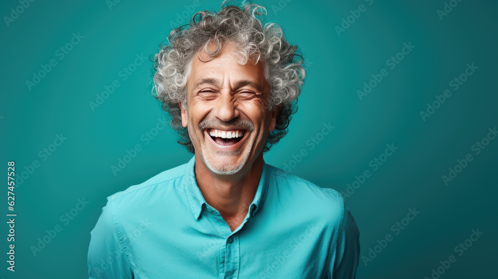 Middle-aged man laughs against a blue background. Middle-aged man laughs against a blue background.