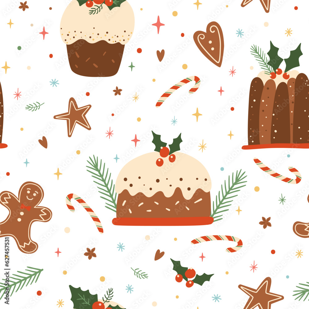 Christmas dessert seamless pattern. Vector Christmas holiday pudding, food, gingerbread, stars repeat background. Decorative baked Christmas cake wallpaper, wrap paper, cute childish textile design. Christmas dessert seamless pattern. Vector Christmas holiday pudding, food, gingerbread, stars repeat background. Decorative baked Christmas cake wallpaper, wrap paper, cute childish textile design.