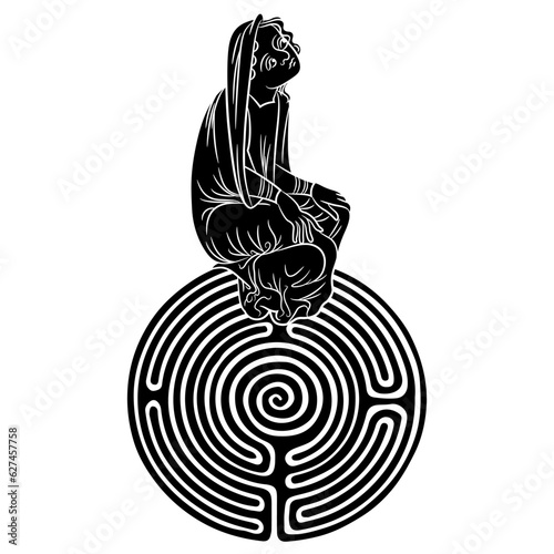 Medieval woman sitting on a round spiral maze or labyrinth symbol. Ariadne. Creative mythological concept. Black and white silhouette. photo