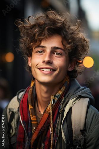 Portrait of young man on the street background. The image portrays an LGBTQ+ person's self-love, inspiring others to embrace their true selves.