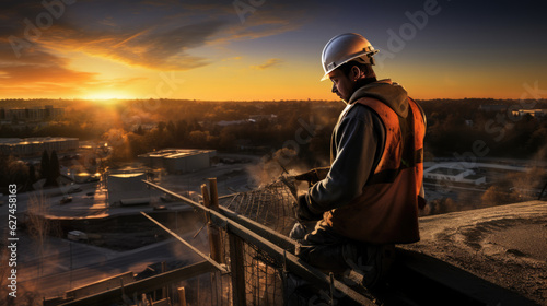 Worker installs equipment on the roof of the building.