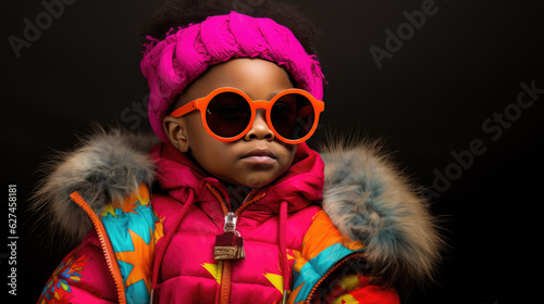 Confident and serious child in stylish outfit on dark background.