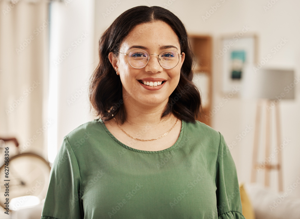 Happy, home and portrait of relax woman with eye care glasses, lens frame or smile for weekend free time. Happiness, eyeglasses and face of young person in apartment living room with positive mindset