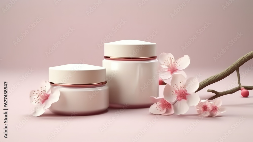 Jar with skin care cream among flowers. Mockup of organic natural ingredients beauty product on plants background Jar with skin care cream among flowers. Mockup of organic natural ingredients beauty product on plants background