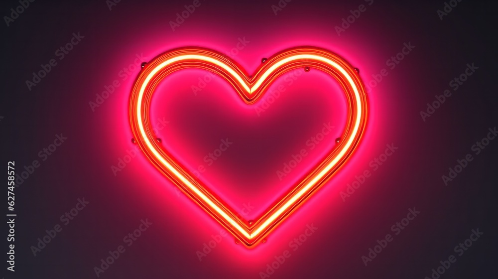 Illustration of a vibrant pink neon heart glowing against a dark black background