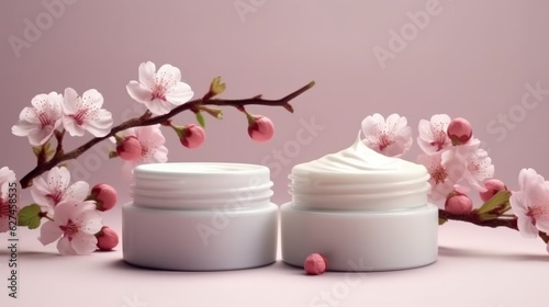Illustration of cosmetic creams with herbal flowers for face skin