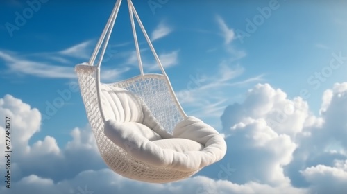 Illustration of a white hanging chair suspended in the sky with clouds as the backdrop