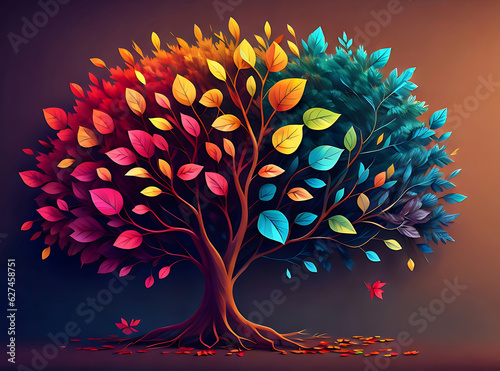 Fototapeta Naklejka Na Ścianę i Meble -  Colorful tree with leaves on hanging branches illustration background. 3d abstraction wallpaper for interior mural wall art decor. Floral tree with multicolor leaves