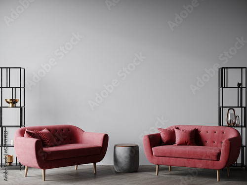 Huge living room with calm maroon crimson red sofas. Gray accent painting wall empty for art. Mockup luxury room hall interior design or reception lounge. Shelving and table, decor. 3d render photo