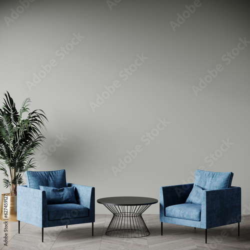 Fototapeta Naklejka Na Ścianę i Meble -  Dark room with accents. Blue navy armchairs. Trendy modern minimal interior design mockup. Gray wall painted background empty for art. Premium lounge living or reception hall interior. 3d rendering 