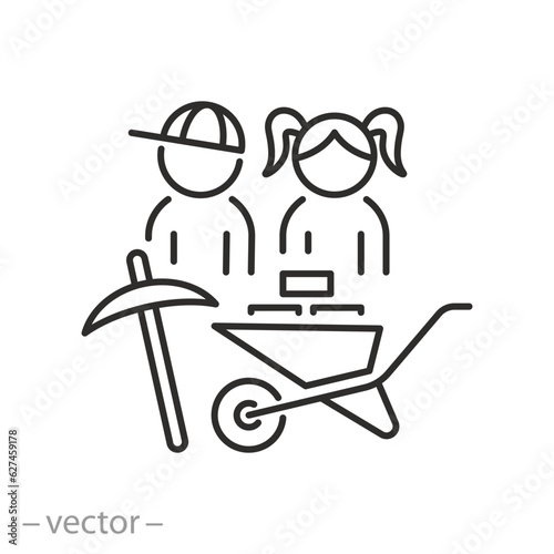 child labour icon, boy with girl and wheelbarrow cart, child abuse and exploitation, thin line symbol - editable stroke vector illustration
