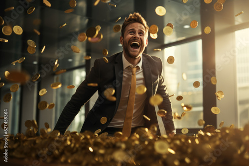 Young businessman with crazy smile in the middle of the golden coins pile