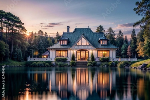 Traditional house with lake, large windows