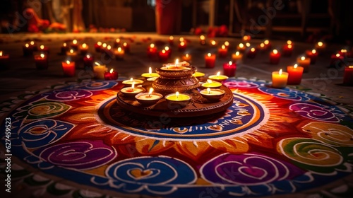 Beautiful Floor Decoration of Diwali with Diya and Rangoli Celebration of Diwali with lights 