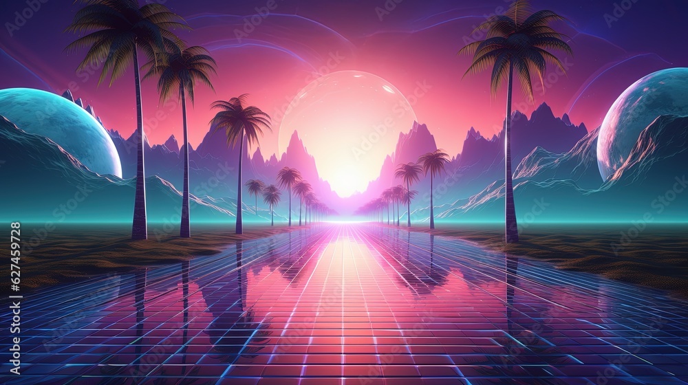 Fototapeta premium Generative AI, 80s retro futuristic sci-fi., nostalgic 90s. Night and sunset neon colors, cyberpunk vintage illustration. Sun, mountains and palms. Retrowave VJ videogame landscape..