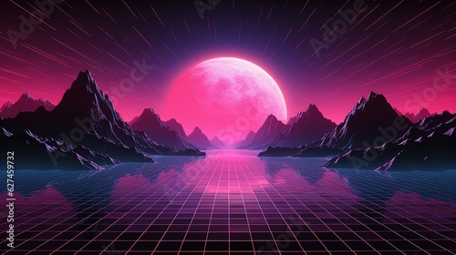 Generative AI, 80s retro futuristic sci-fi., nostalgic 90s. Night and sunset neon colors, cyberpunk vintage illustration. Sun, mountains and palms. Retrowave VJ videogame landscape.. © DELstudio