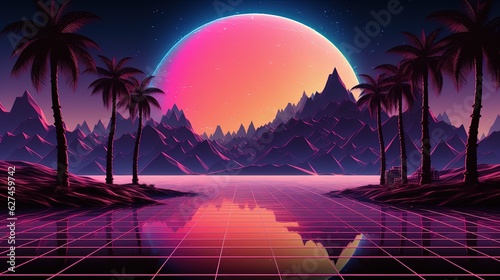 Generative AI  80s retro futuristic sci-fi.  nostalgic 90s. Night and sunset neon colors  cyberpunk vintage illustration. Sun  mountains and palms. Retrowave VJ videogame landscape..