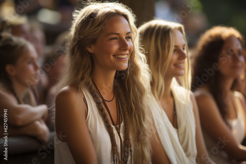 Young beautiful yogi girl meditates in the ashram in India, satsang evening for the yoga students. AI Generative