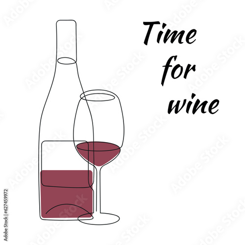 Time for wine card with bottle and wine glass drawn in one continuous line. One line drawing, minimalism. Vector illustration.