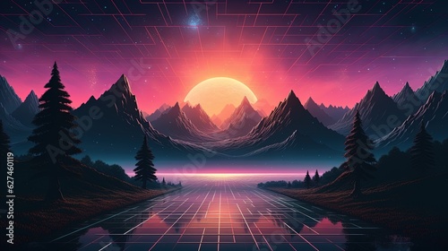 Generative AI, 80s retro futuristic sci-fi., nostalgic 90s. Night and sunset neon colors, cyberpunk vintage illustration. Sun, mountains and palms. Retrowave VJ videogame landscape..