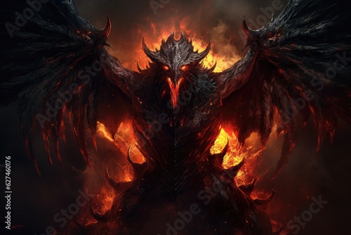 Dark demon emerges from flames, black wings spread., generative IA