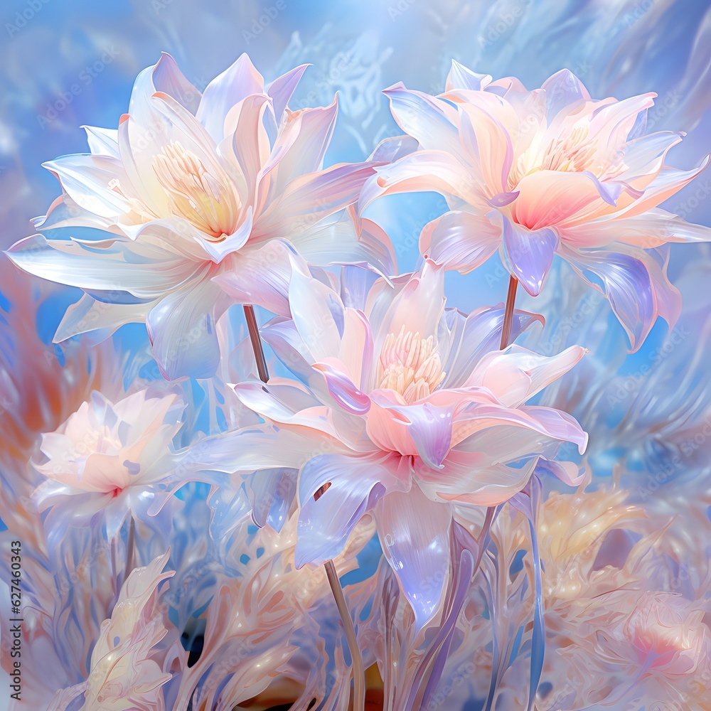 Softly colorful pastel  bright flowers, hologram concept.