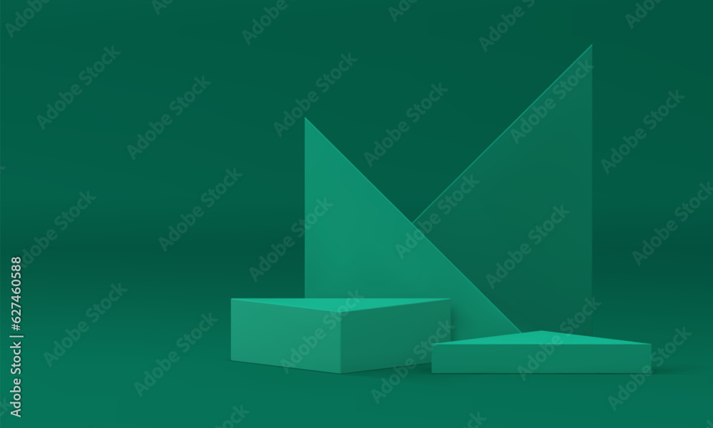 Green 3d podium with triangle wall backdrop minimalist pedestal showcase realistic vector