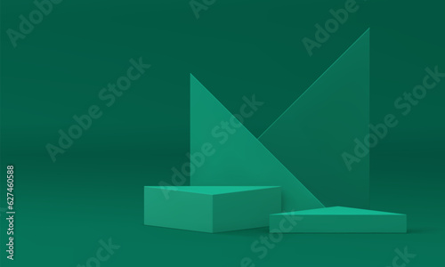 Green 3d podium with triangle wall backdrop minimalist pedestal showcase realistic vector