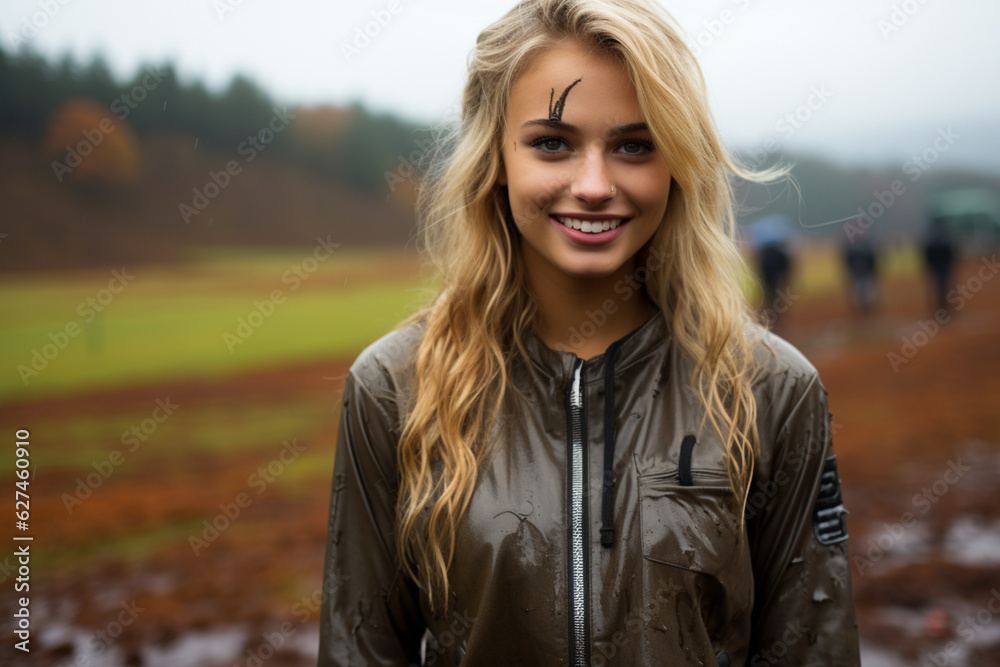 Young Woman Having Fun In The Mud While Raining - Generative AI
